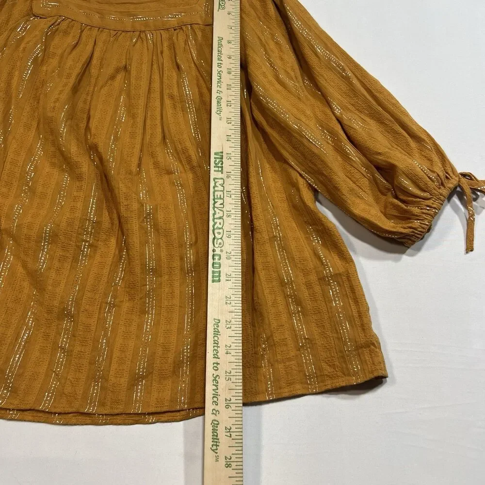 LC Lauren Conrad Metallic Stripe Square Neck Peasant Blouse Top Mustard M Cotton - Picture 6 of 9